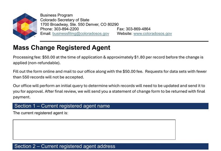 Official Colorado registered-agent change filing source screenshot showing the change filing information