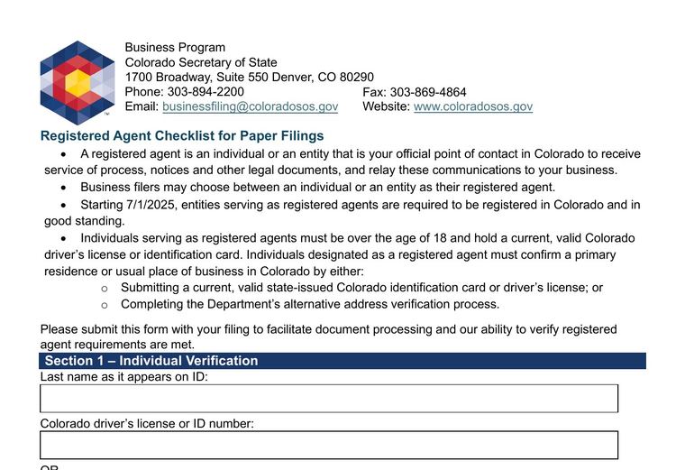 Official Colorado registered-agent requirements source screenshot showing agent requirements and filing details