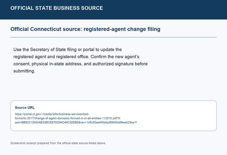 Official Connecticut registered-agent change filing source screenshot showing the change filing information