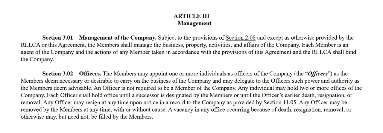 Excerpt from a real Florida LLC operating agreement covering member management and delegated officer authority