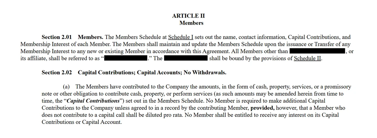 Excerpt from a real Florida LLC operating agreement covering members, capital contributions, and capital accounts