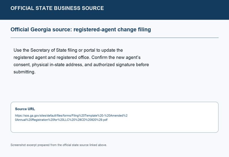 Official Georgia registered-agent change filing source screenshot showing the change filing information