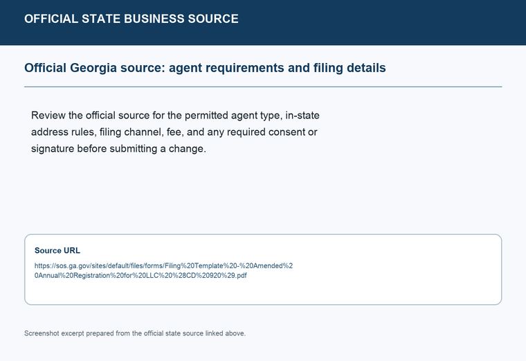 Official Georgia registered-agent requirements source screenshot showing agent requirements and filing details