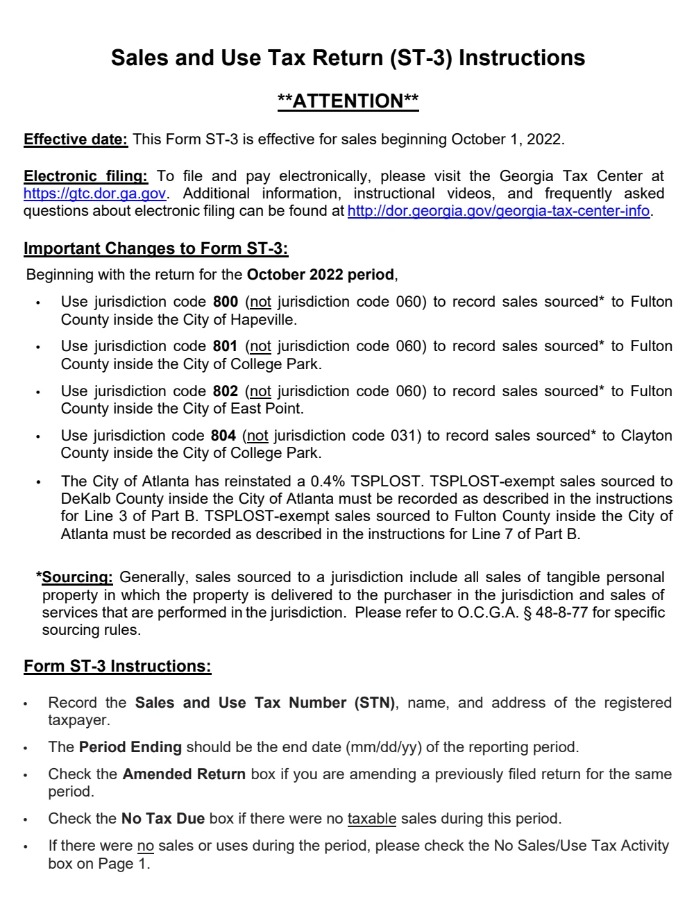 Georgia Department of Revenue ST-3 instructions page showing electronic filing and return identity fields