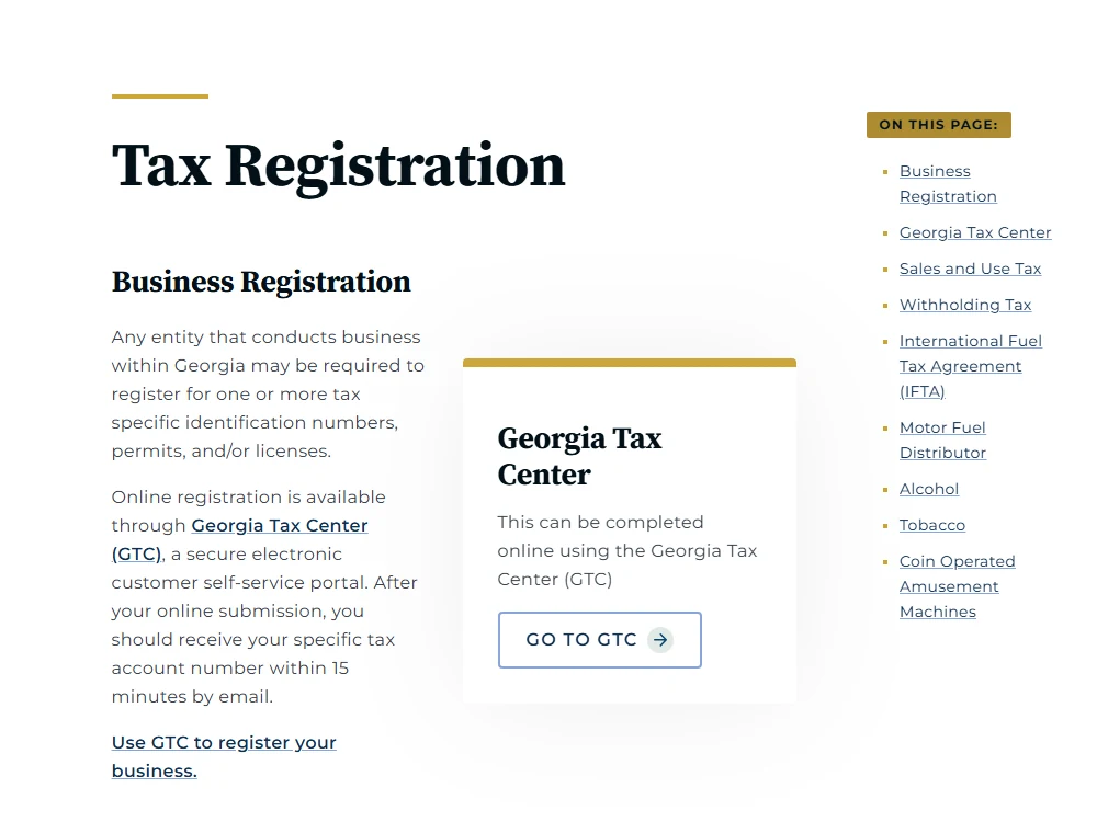 Georgia Department of Revenue Tax Registration page showing the Georgia Tax Center business registration route