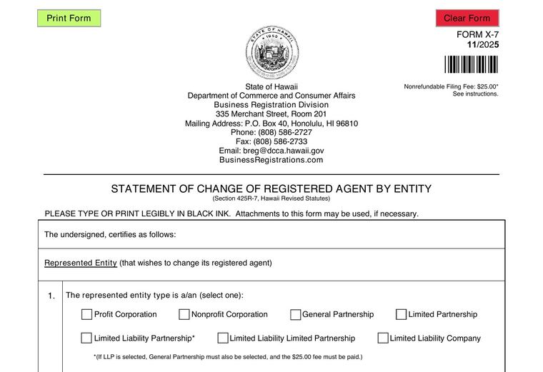 Official Hawaii registered-agent requirements source screenshot showing agent requirements and filing details
