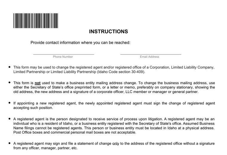 Official Idaho registered-agent change filing source screenshot showing the change filing information