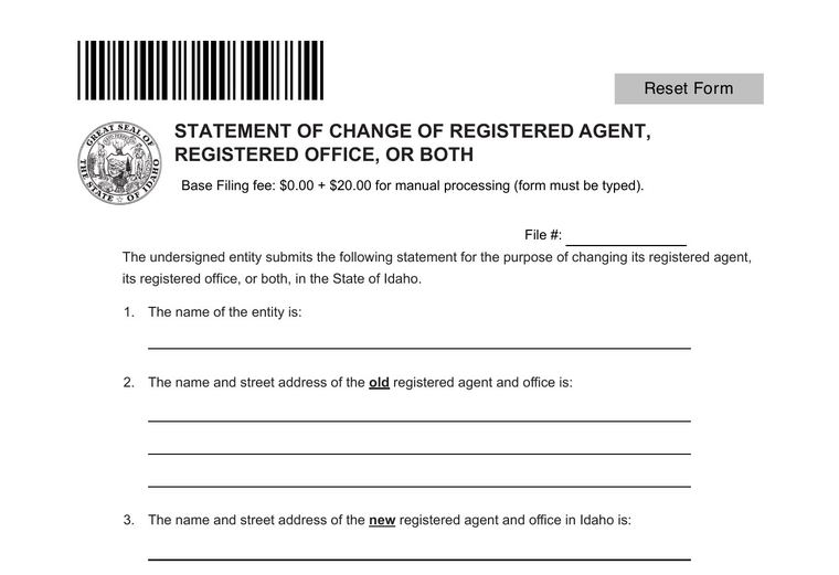 Official Idaho registered-agent requirements source screenshot showing agent requirements and filing details
