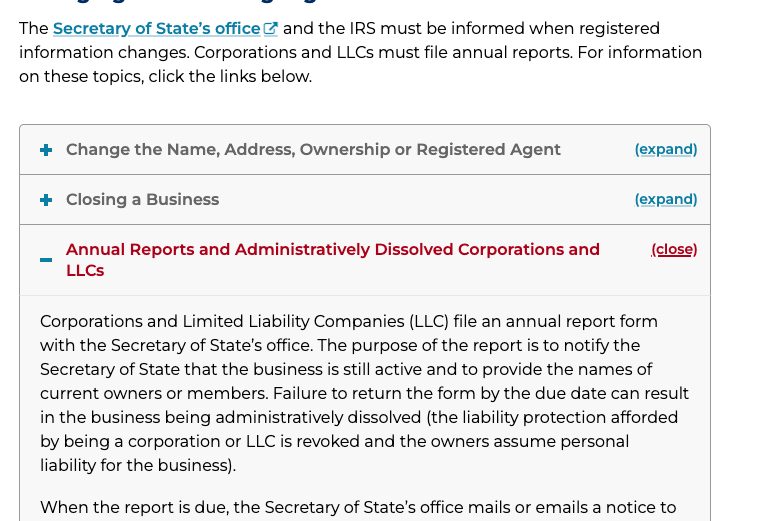 Official Idaho business guidance explaining annual report due-date notices and administrative dissolution consequences.