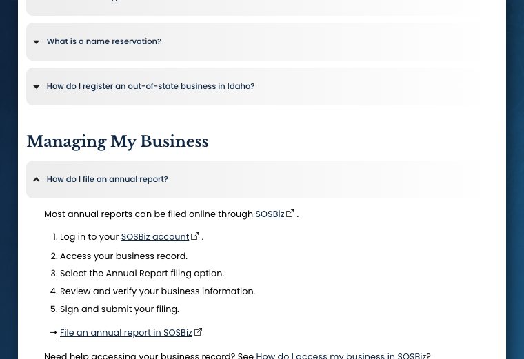 Idaho Secretary of State Business FAQ showing the SOSBiz steps for filing an annual report online.