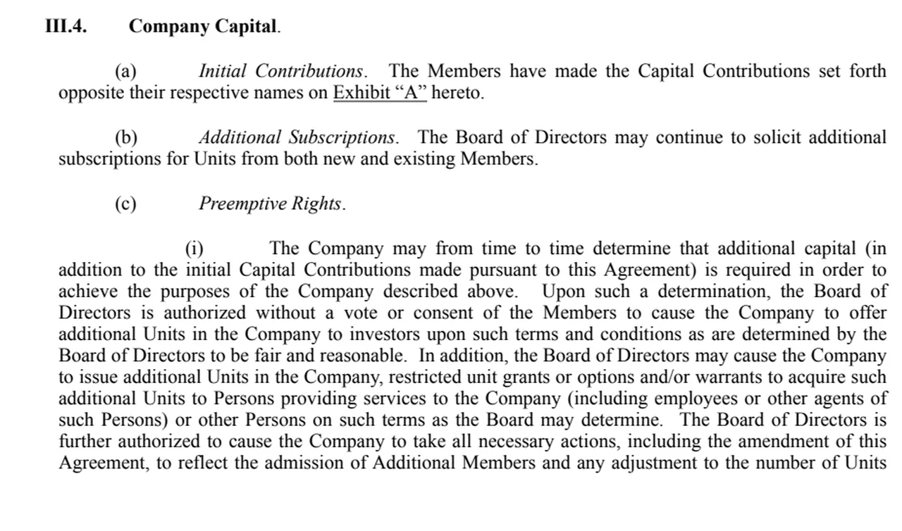 Excerpt from a real Illinois LLC operating agreement covering company capital and ownership dilution