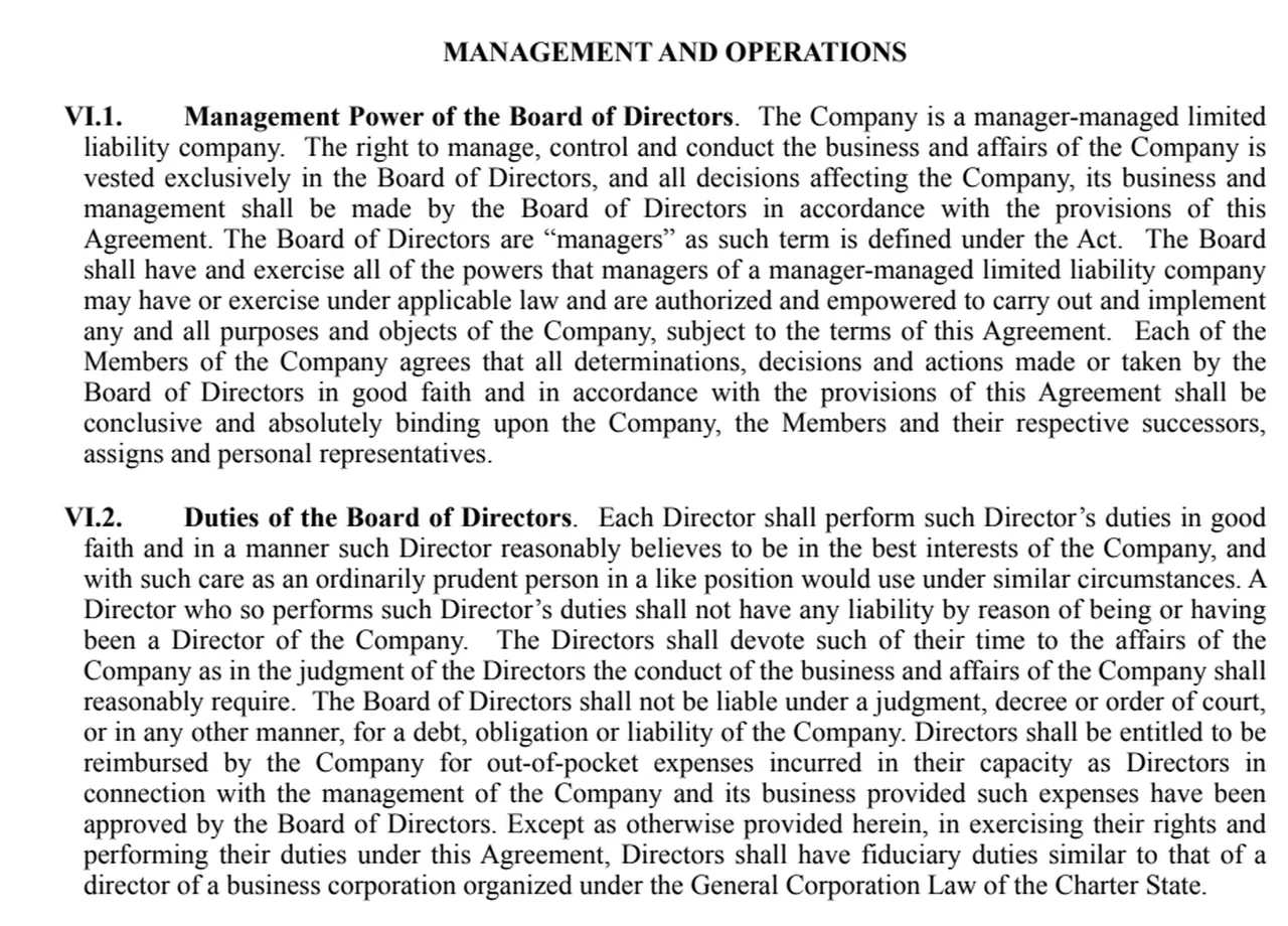Excerpt from a real Illinois LLC operating agreement assigning management authority to its board