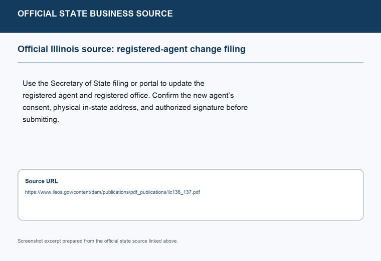 Official Illinois registered-agent change filing source screenshot showing the change filing information
