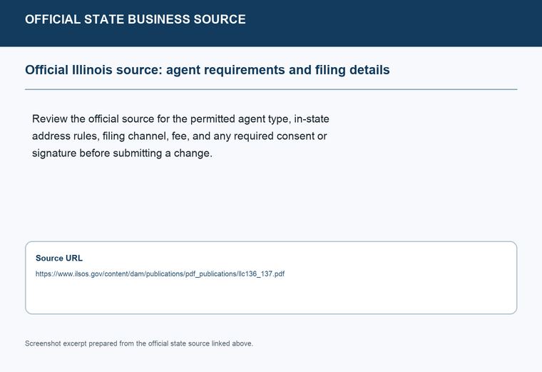 Official Illinois registered-agent requirements source screenshot showing agent requirements and filing details