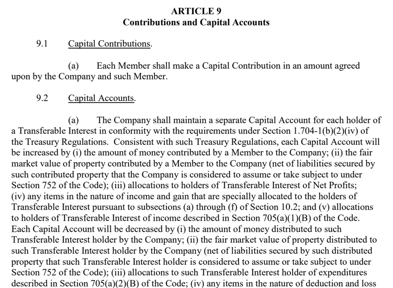 Excerpt from a real Iowa LLC operating agreement covering capital contributions and capital accounts