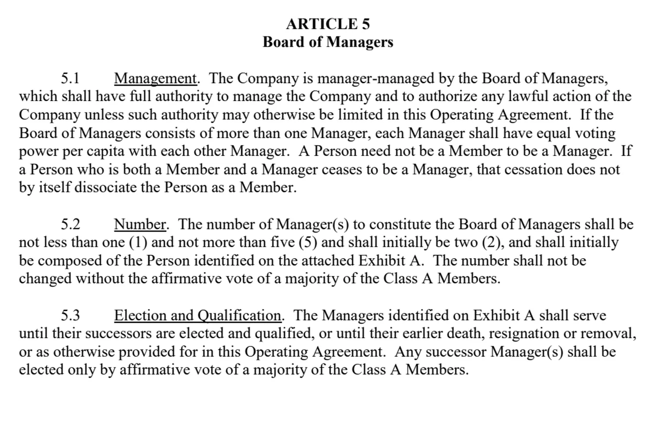 Excerpt from a real Iowa LLC operating agreement assigning authority to a board of managers