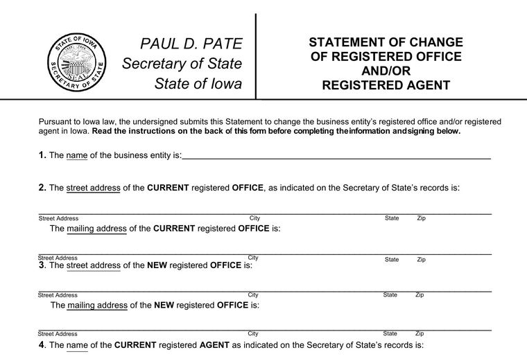 Official Iowa registered-agent change filing source screenshot showing the change filing information
