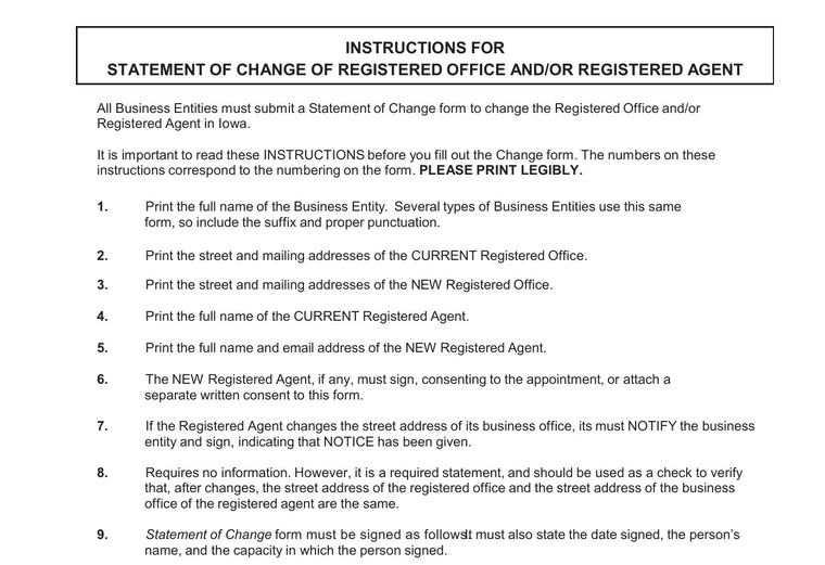 Official Iowa registered-agent requirements source screenshot showing agent requirements and filing details