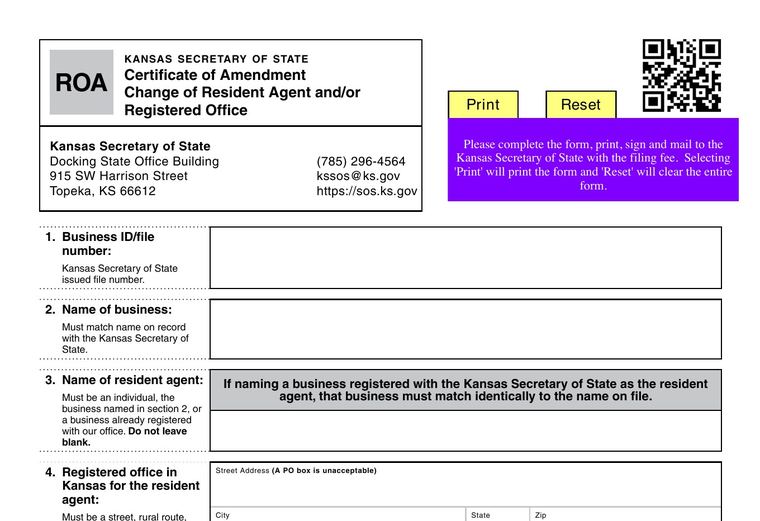 Official Kansas registered-agent requirements source screenshot showing agent requirements and filing details