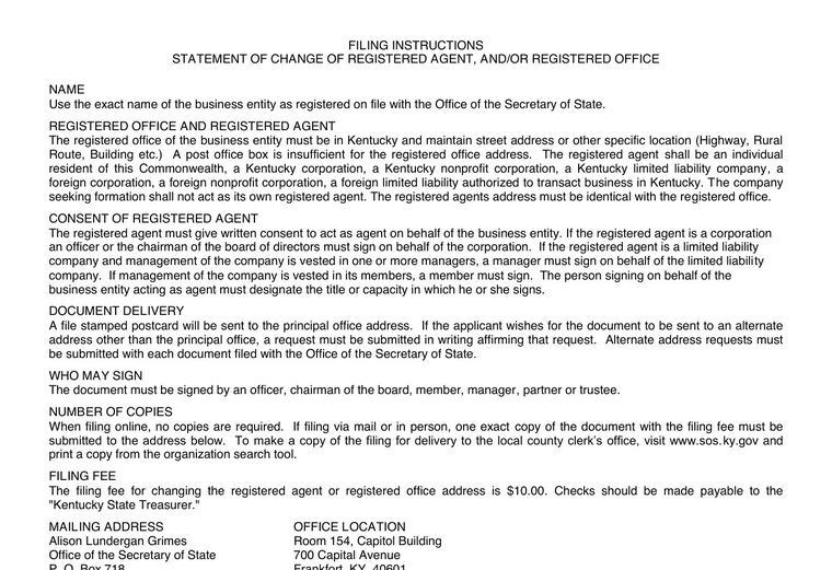 Official Kentucky registered-agent change filing source screenshot showing the change filing information