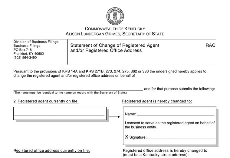 Official Kentucky registered-agent requirements source screenshot showing agent requirements and filing details