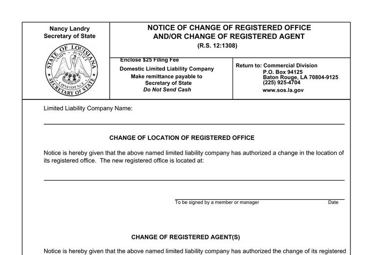 Official Louisiana registered-agent requirements source screenshot showing agent requirements and filing details