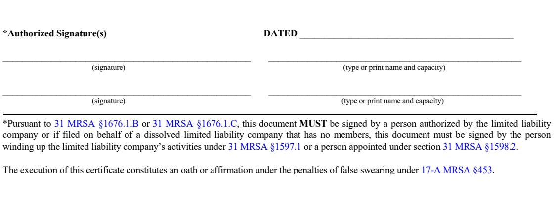 Maine MLLC-11C signature section names the no-members winding-up signer alternative and requires an oath or affirmation.