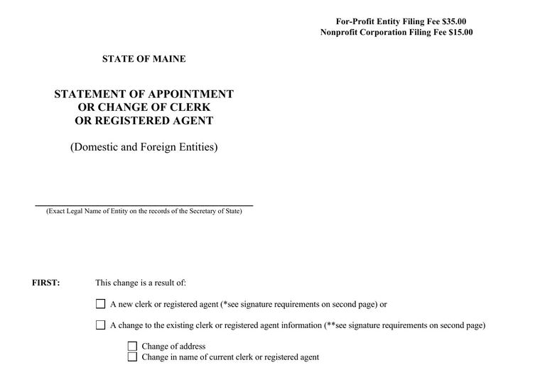 Official Maine registered-agent change filing source screenshot showing the change filing information