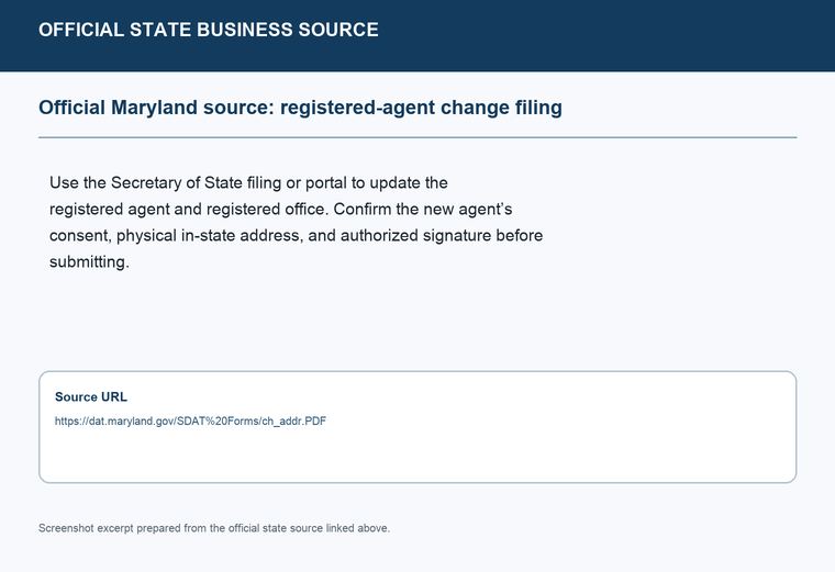 Official Maryland registered-agent change filing source screenshot showing the change filing information