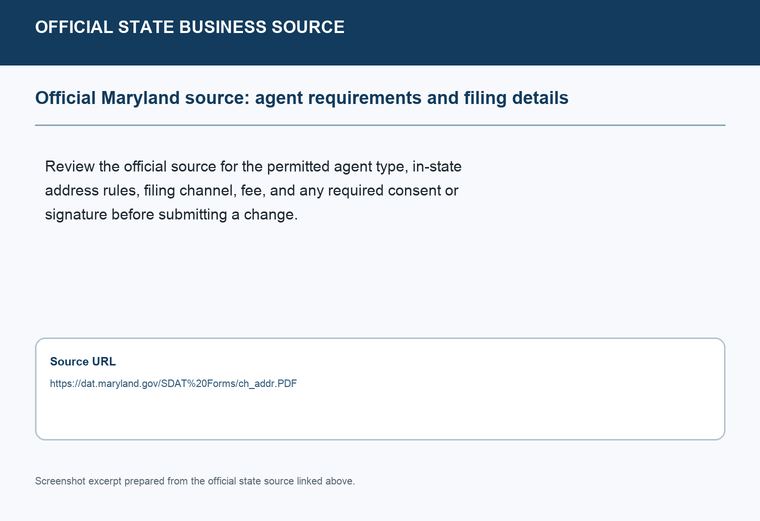 Official Maryland registered-agent requirements source screenshot showing agent requirements and filing details