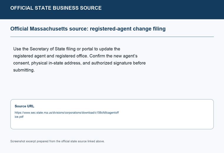 Official Massachusetts registered-agent change filing source screenshot showing the change filing information