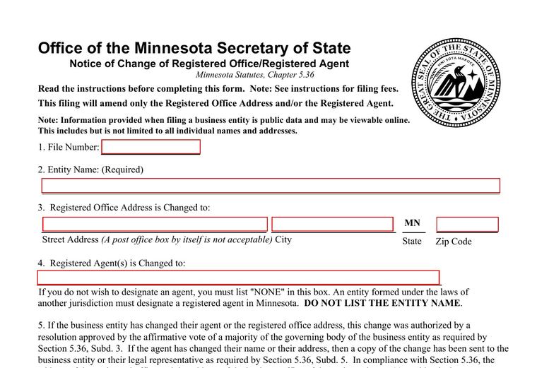 Official Minnesota registered-agent change filing source screenshot showing the change filing information