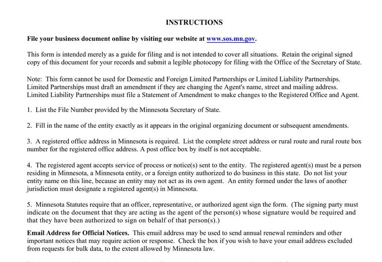 Official Minnesota registered-agent requirements source screenshot showing agent requirements and filing details