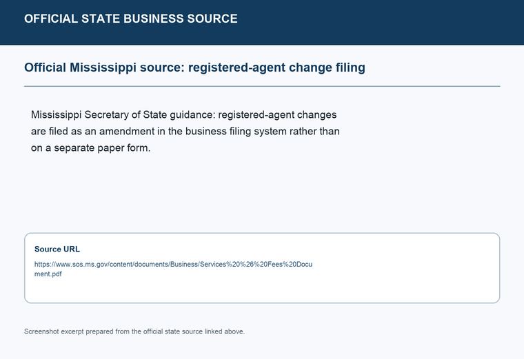 Official Mississippi registered-agent change filing source screenshot showing the change filing information
