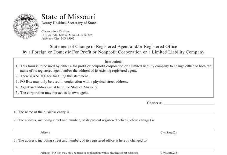 Official Missouri registered-agent change filing source screenshot showing the change filing information