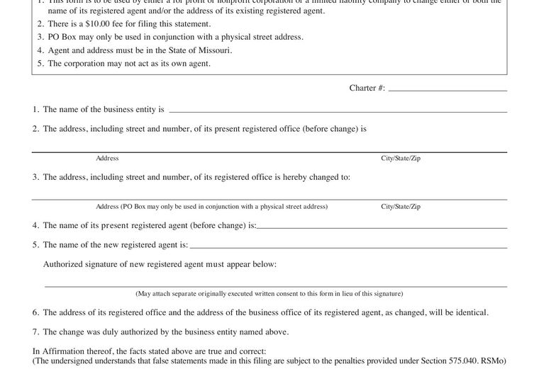 Official Missouri registered-agent requirements source screenshot showing agent requirements and filing details