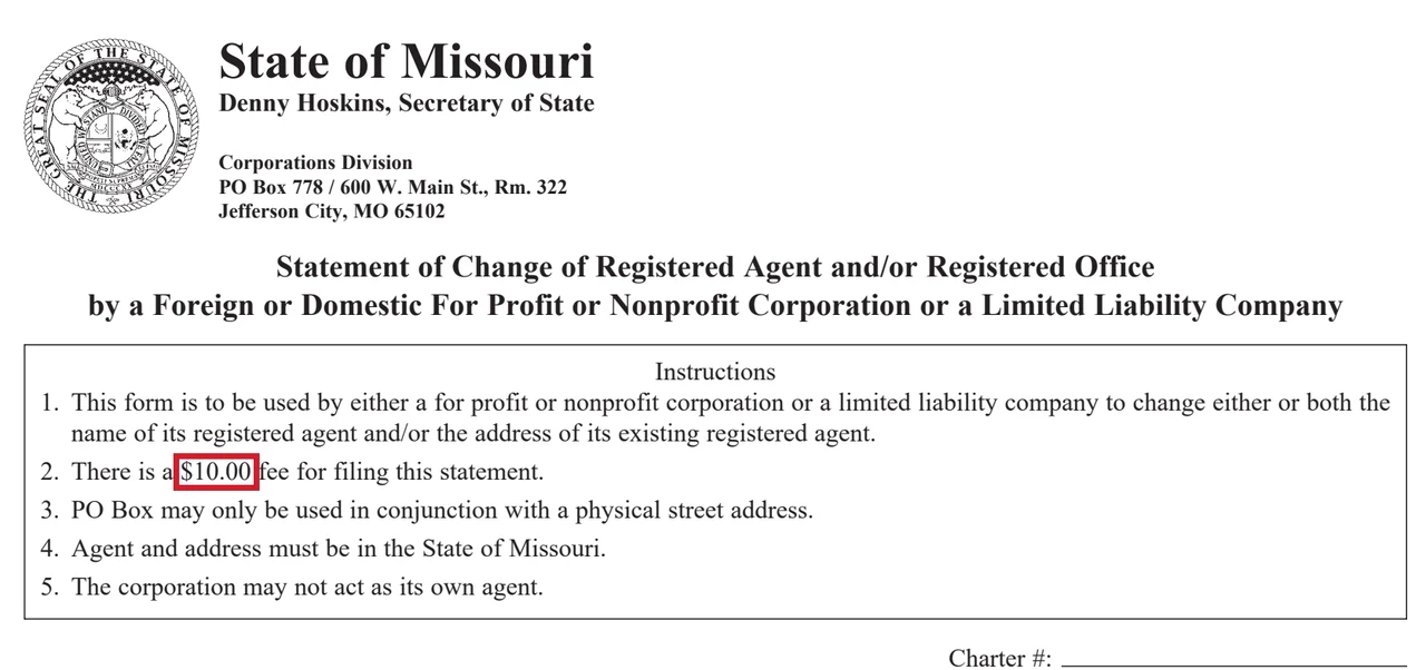 Missouri Form Corp. 59 instruction 2 lists a $10.00 filing fee outlined in red.