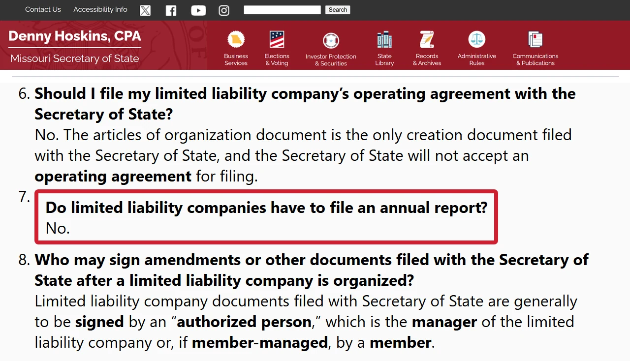 Missouri Secretary of State site header and LLC FAQ questions 6–8; Q7 and its No answer are outlined in red.