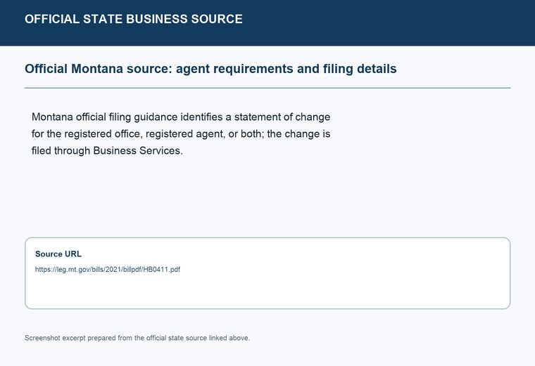 Official Montana registered-agent requirements source screenshot showing agent requirements and filing details