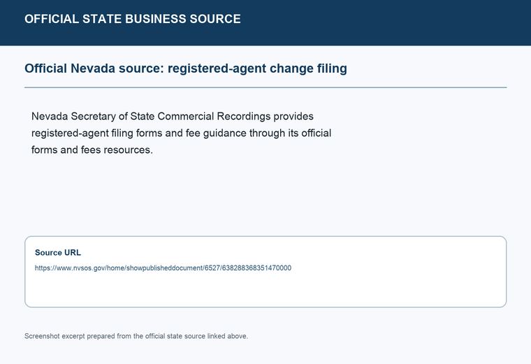 Official Nevada registered-agent change filing source screenshot showing the change filing information