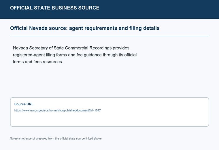 Official Nevada registered-agent requirements source screenshot showing agent requirements and filing details