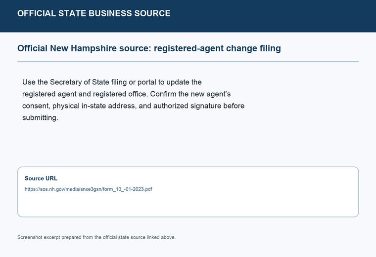 Official New Hampshire registered-agent change filing source screenshot showing the change filing information