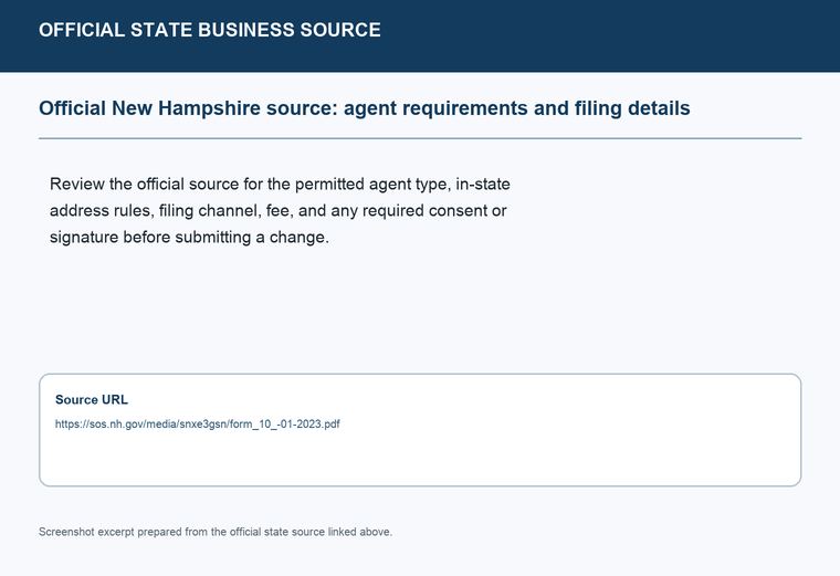 Official New Hampshire registered-agent requirements source screenshot showing agent requirements and filing details