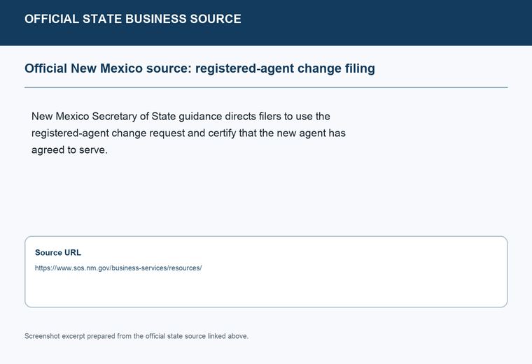 Official New Mexico registered-agent change filing source screenshot showing the change filing information