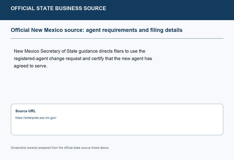 Official New Mexico registered-agent requirements source screenshot showing agent requirements and filing details