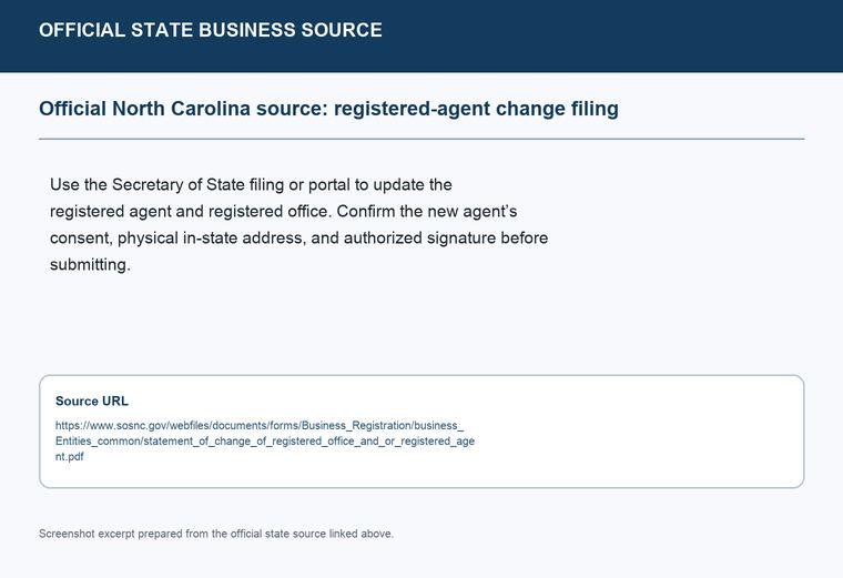 Official North Carolina registered-agent change filing source screenshot showing the change filing information