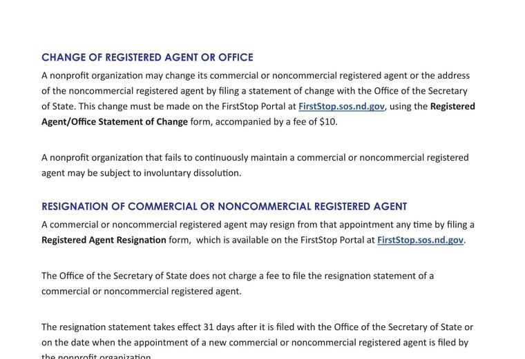 Official North Dakota registered-agent requirements source screenshot showing agent requirements and filing details