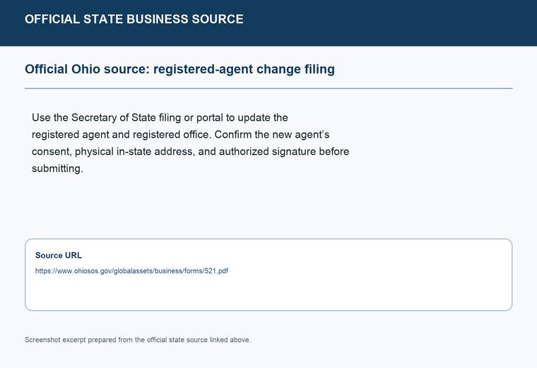 Official Ohio registered-agent change filing source screenshot showing the change filing information