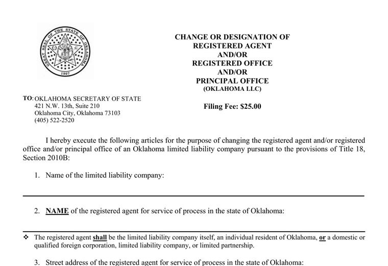 Official Oklahoma registered-agent change filing source screenshot showing the change filing information