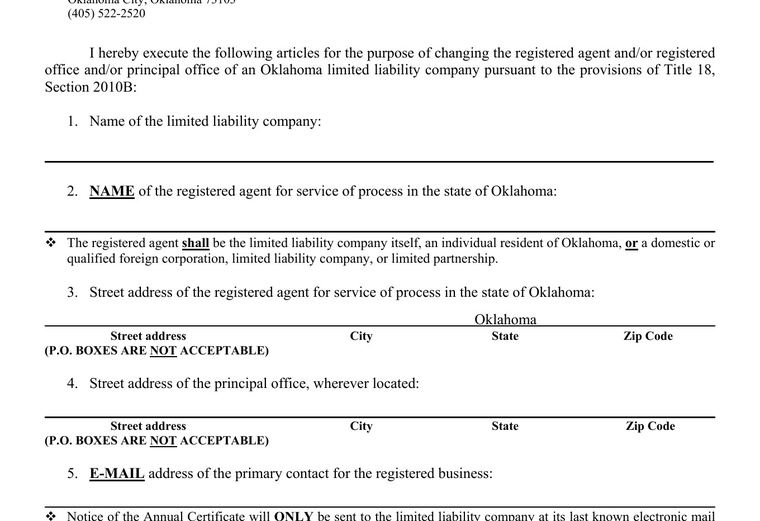 Official Oklahoma registered-agent requirements source screenshot showing agent requirements and filing details